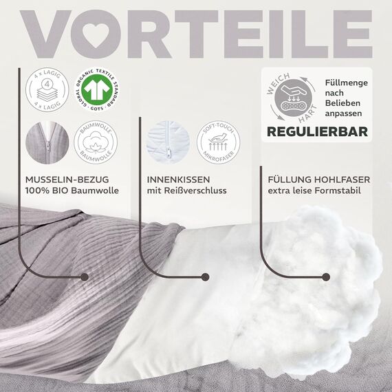 sei Design XXL Stillkissen 190 cm x 35 cm mit Musselin-Bezug ergonomisch. Schwangerschaftskissen Seitenschläferkissen Komfortkissen für Erwachsene. Stillkissenbezug aus 100% Bio-Baumwolle