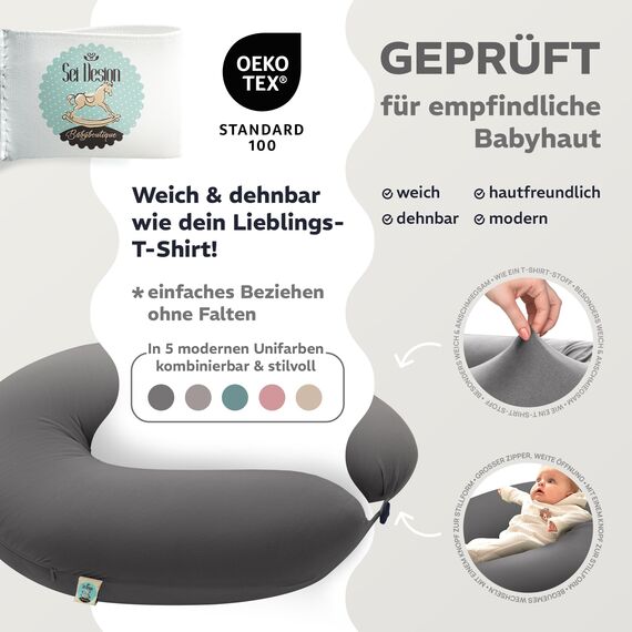 sei Design Stillkissen XXL 190×35 cm – ergonomisch Zertifiziert & waschbar – mit Faserbällchenfüllung & Premium-Jersey-Bezug extra elastisch – ideal für Schwangerschaft & Stillzeit