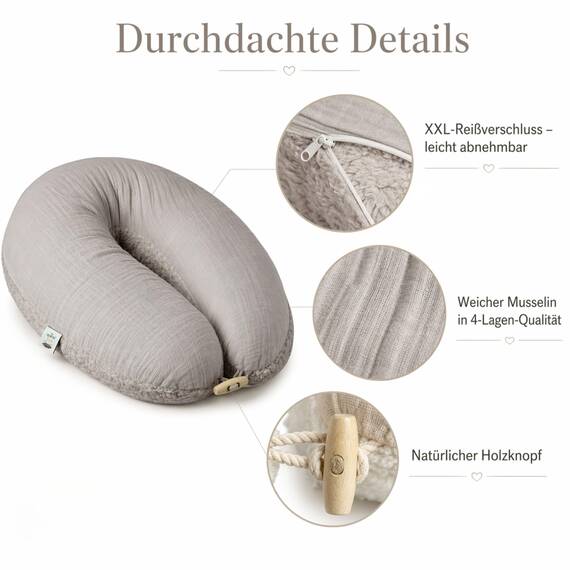sei Design Stillkissenbezug 4-lagiger Musselin Teddyplüsch XXL 190 x 35 cm Grau – GOTS Bio-Baumwolle – 60°C waschbar