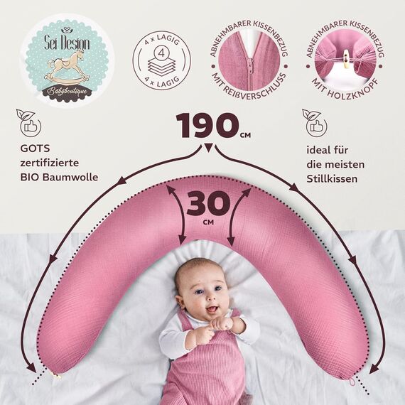 sei Design Stillkissenbezug 100% Baumwolle passend für Stillkissen XXL, Bezug für Schwangerschaftskissen, Seitenschläferkissen 190 x 30 cm, mit Reißverschluss, waschbar und Schadstoffgeprüft