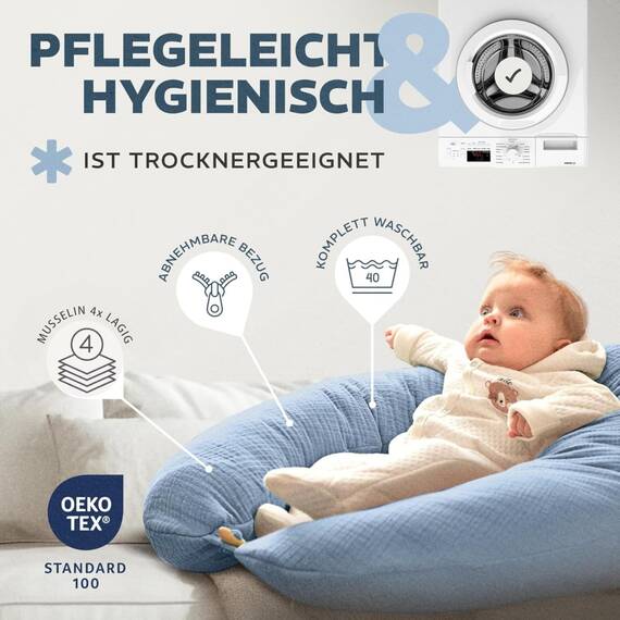 sei Design Stillkissenbezug Musselin Bezug aus 100% Baumwolle [ Bio-Baumwolle ]. BEZUG für Stillkissen XXL Lagerungskissen Schwangerschaftskissen. Seitenschläfer-Kissen - 190x35 cm. waschbar