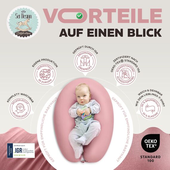 sei Design Stillkissen 190×30 cm – ergonomisch Zertifiziert & waschbar – mit Faserbällchenfüllung & Premium-Jersey-Bezug – weich, formstabil & leise – ideal für Schwangerschaft & Stillzeit