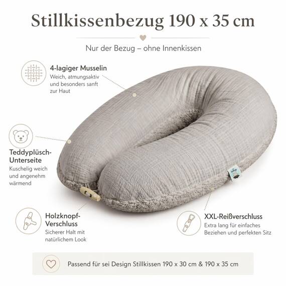 sei Design Stillkissenbezug 4-lagiger Musselin Teddyplüsch XXL 190 x 35 cm Grau – GOTS Bio-Baumwolle – 60°C waschbar