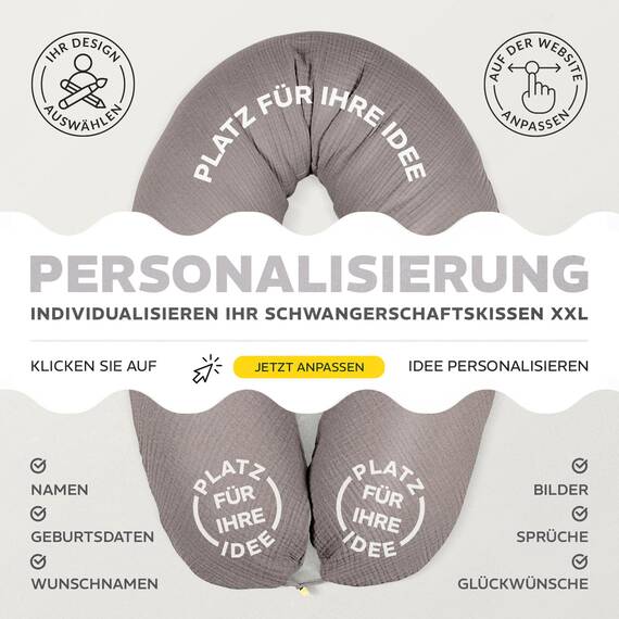 sei Design Stillkissenbezug Musselin personalisierbar – Bezug für Stillkissen 190x30 cm, Schwangerschafts- & Seitenschläferkissen, 100% Baumwolle, weich, atmungsaktiv, mit Reißverschluss, waschbar