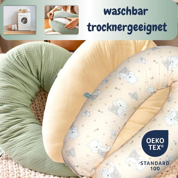 sei Design XXL Stillkissen 190x30 mit Musselin-Bezug ergonomisch, Schwangerschaftskissen Seitenschläferkissen Komfortkissen für Erwachsene, Stillkissenbezug aus 100% Baumwolle [ Bio-Baumwolle ]