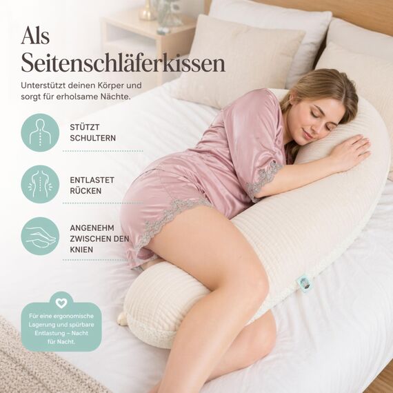 sei Design Musselin Stillkissen XXL 190x35 Öko-Tex Seitenschläferkissen | Ergonomisches Schwangerschaftskissen Lagerungskissen | Bezug aus Musselin [Baumwolle] & Teddyplüsch