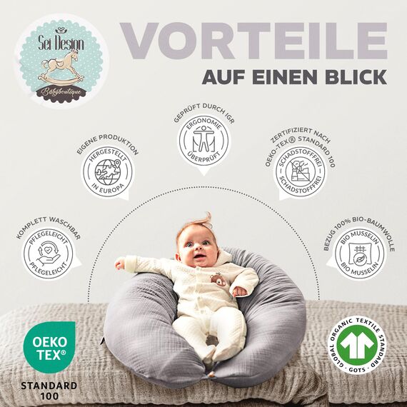 sei Design XXL Stillkissen 190 cm x 35 cm mit Musselin-Bezug ergonomisch. Schwangerschaftskissen Seitenschläferkissen Komfortkissen für Erwachsene. Stillkissenbezug aus 100% Bio-Baumwolle