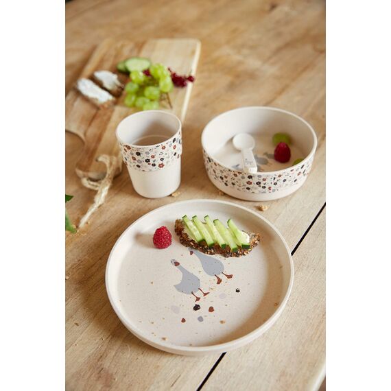 LÄSSIG Kindergeschirr Set (Teller, Becher, Schälchen, Löffel) ohne , BPA-frei, für Spülmaschine und Mikrowelle/Dish Set Tiny Farmer Goose