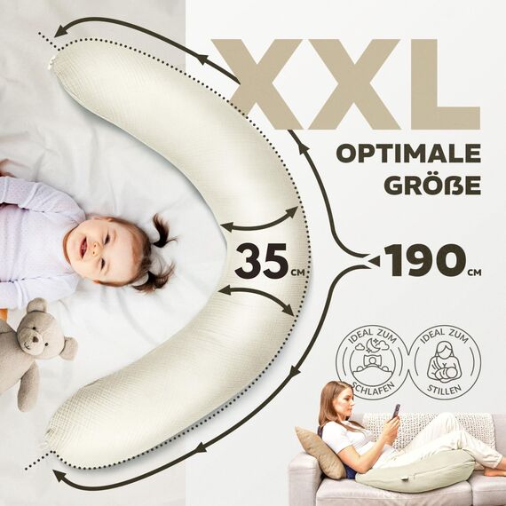 sei Design XXL Stillkissen 190x30 mit Musselin-Bezug ergonomisch, Schwangerschaftskissen Seitenschläferkissen Komfortkissen für Erwachsene, Stillkissenbezug aus 100% Baumwolle [ Bio-Baumwolle ]