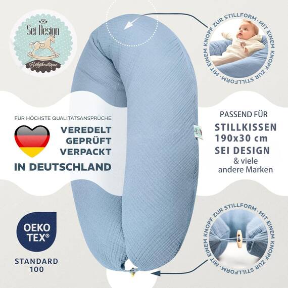 sei Design Stillkissenbezug Musselin Bezug aus 100% Baumwolle [ Bio-Baumwolle ]. BEZUG für Stillkissen XXL Lagerungskissen Schwangerschaftskissen. Seitenschläfer-Kissen - 190x35 cm. waschbar