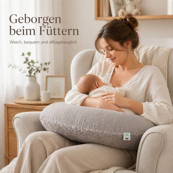 sei Design Stillkissenbezug 4-lagiger Musselin Teddyplüsch XXL 190 x 35 cm Grau – GOTS Bio-Baumwolle – 60°C waschbar