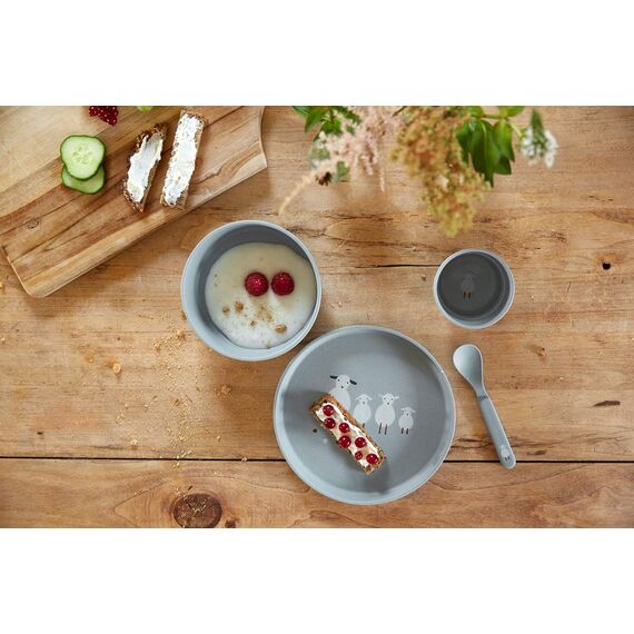 LÄSSIG Kindergeschirr Set (Teller, Becher, Schälchen, Löffel) ohne , BPA-frei, für Spülmaschine und Mikrowelle/Dish Set Tiny Farmer Sheep