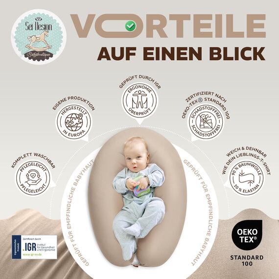 sei Design Stillkissen XXL 190x35 cm – ergonomisch Zertifiziert & waschbar – mit Faserbällchenfüllung & Premium-Jersey-Bezug extra elastisch– weich. formstabil & leise - Seitenschläferkissen