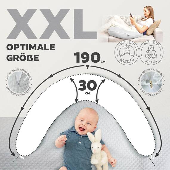 sei Design Stillkissenbezug 100% Baumwolle passend für Stillkissen XXL. Bezug für Schwangerschaftskissen. Seitenschläferkissen 190 x 35 cm. mit Reißverschluss. waschbar und Schadstoffgeprüft