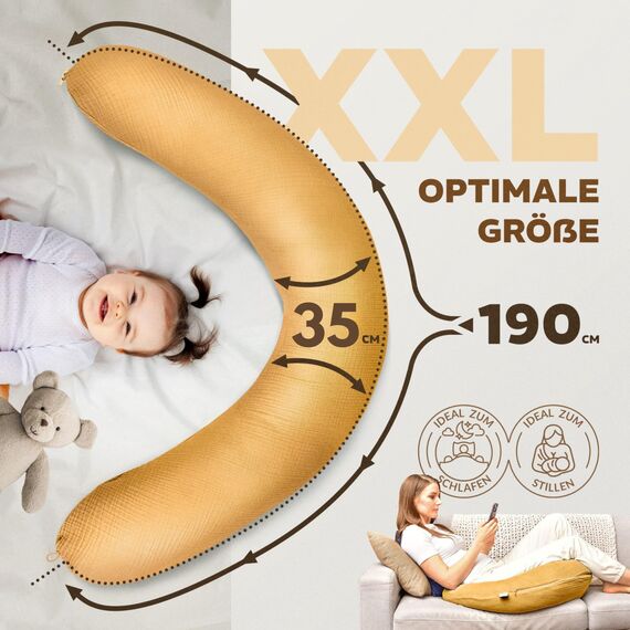 sei Design XXL Stillkissen 190x35 mit Musselin-Bezug ergonomisch. Schwangerschaftskissen Seitenschläferkissen Komfortkissen für Erwachsene. Stillkissenbezug aus 100% Bio-Baumwolle