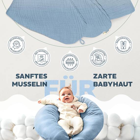 sei Design Stillkissenbezug Musselin Bezug aus 100% Baumwolle [ Bio-Baumwolle ]. BEZUG für Stillkissen XXL Lagerungskissen Schwangerschaftskissen. Seitenschläfer-Kissen - 190x35 cm. waschbar
