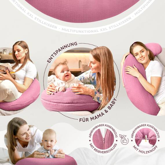 sei Design XXL Stillkissen 190x35 mit Musselin-Bezug ergonomisch. Schwangerschaftskissen Seitenschläferkissen Komfortkissen für Erwachsene. Stillkissenbezug aus 100% Bio-Baumwolle