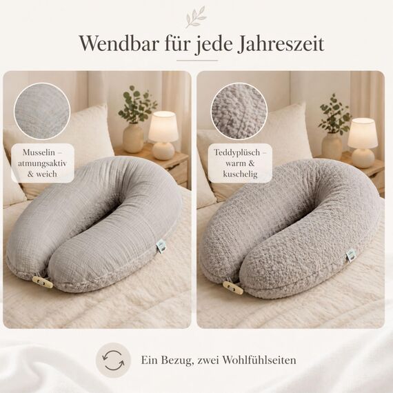 sei Design Stillkissen XXL 190x35 cm Seitenschläferkissen Schwangerschaftskissen Bio-Musselin & Teddyplüsch, Faserbällchen geräuschlos, Füllmenge regulierbar ergonomisch Oeko-TEX 60°C waschbar