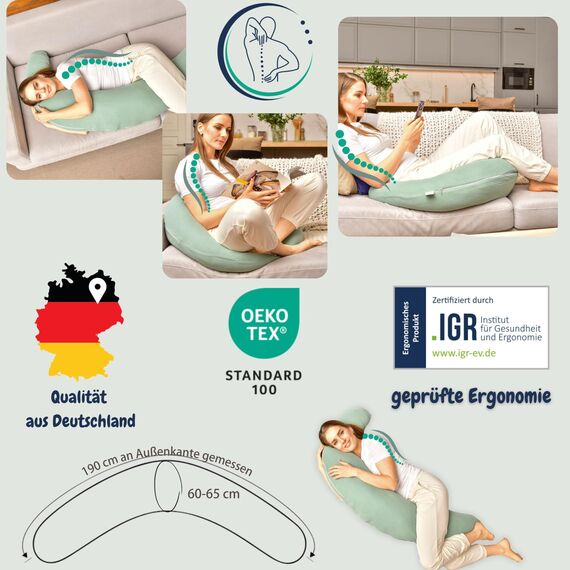 sei Design Stillkissenbezug 100% Baumwolle passend für Stillkissen XXL, Bezug für Schwangerschaftskissen, Seitenschläferkissen 190 x 30 cm, mit Reißverschluss, waschbar und Schadstoffgeprüft