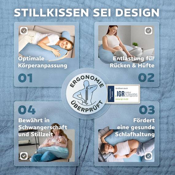 sei Design Stillkissenbezug Musselin Bezug aus 100% Baumwolle [ Bio-Baumwolle ]. BEZUG für Stillkissen XXL Lagerungskissen Schwangerschaftskissen. Seitenschläfer-Kissen - 190x35 cm. waschbar