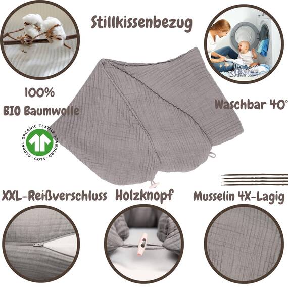 sei Design Stillkissenbezug Musselin personalisierbar – Bezug für Stillkissen 190x30 cm, Schwangerschafts- & Seitenschläferkissen, 100% Baumwolle, weich, atmungsaktiv, mit Reißverschluss, waschbar