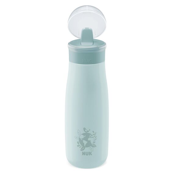 NUK Mini-Me Flip mit Strohhalm für Kleinkinder | ab 12 Monate | 500 ml | Edelstahl-Wasserflasche für Kinder | auslaufsichere stabile Trinköffnung | bruchsicher | blauer Globus