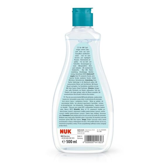 NUK Spülreiniger für Babyflaschen | 500 ml | Ideal zur Reinigung von Babyflaschen, Nuckeln und Zubehör | Duftstofffreier Reiniger | pH-neutral | 100% wiederverwertbare Flasche (Packung mit 2)
