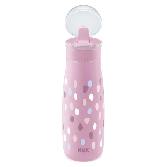 NUK Mini-Me Flip mit Strohhalm für Kleinkinder | ab 12 Monate | 450 ml | Kinderwasserflasche | auslaufsichere stabile Trinköffnung | bruchsicher | rosa Farbkleckse