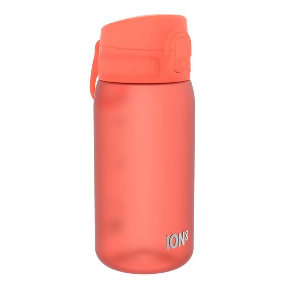 ion8 Kinder Trinkflasche, 350ml, Auslaufsicher, Einhandöffnung, Sichere Verriegelung, Spülmaschinenfest, BPA-frei, Tragegriff, Klappdeckel, Leicht zu Reinigen, Klimaneutral, Koralle