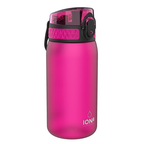 ion8 Kinder Trinkflasche, 350ml, Auslaufsicher, Einhandöffnung, Sichere Verriegelung, Spülmaschinenfest, BPA-frei, Tragegriff, Klappdeckel, Leicht zu Reinigen, Klimaneutral, Rosa
