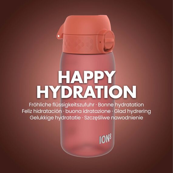 ion8 Kinder Trinkflasche, 350ml, Auslaufsicher, Einhandöffnung, Sichere Verriegelung, Spülmaschinenfest, BPA-frei, Tragegriff, Klappdeckel, Leicht zu Reinigen, Klimaneutral, Dunkelrot