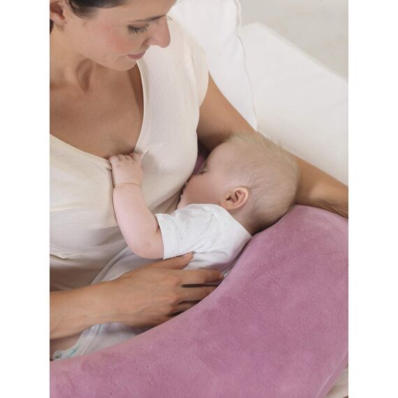 Theraline Plüschmond Stillkissen, Kopfkissen und Nackenkissen mit Perlen, ergonomisches Kissen zum Stillen, Schlafen und Lesen, Stillmond mit Plüsch, Mondkissen waschbar bis 40°C (Taupe)