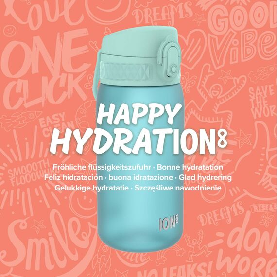 ion8 Kinder Trinkflasche, 350ml, Auslaufsicher, Einhandöffnung, Sichere Verriegelung, Spülmaschinenfest, BPA-frei, Tragegriff, Klappdeckel, Leicht zu Reinigen, Klimaneutral, Sonicblau