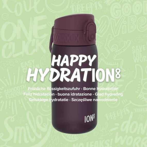 ion8 Kinder Trinkflasche, 350ml, Auslaufsicher, Einhandöffnung, Sichere Verriegelung, Spülmaschinenfest, BPA-frei, Tragegriff, Klappdeckel, Leicht zu Reinigen, Klimaneutral, Brombeere