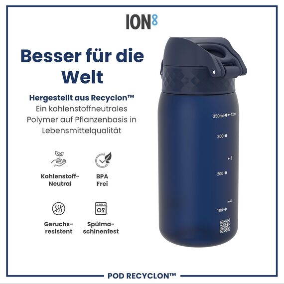 ion8 Kinder Trinkflasche, 350ml, Auslaufsicher, Einhandöffnung, Sichere Verriegelung, Spülmaschinenfest, BPA-frei, Tragegriff, Klappdeckel, Leicht zu Reinigen, Klimaneutral, Marineblau