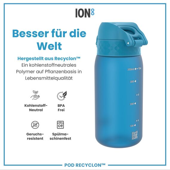 ion8 Kinder Trinkflasche, 350ml, Auslaufsicher, Einhandöffnung, Sichere Verriegelung, Spülmaschinenfest, BPA-frei, Tragegriff, Klappdeckel, Leicht zu Reinigen, Klimaneutral, Blau