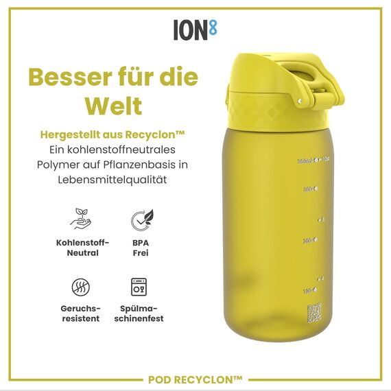 ION8 Kinder Trinkflasche, 350ml, Auslaufsicher, Einhandöffnung, Sichere Verriegelung, Spülmaschinenfest, BPA-frei, Tragegriff, Klappdeckel, Leicht zu Reinigen, Klimaneutral, Gelb
