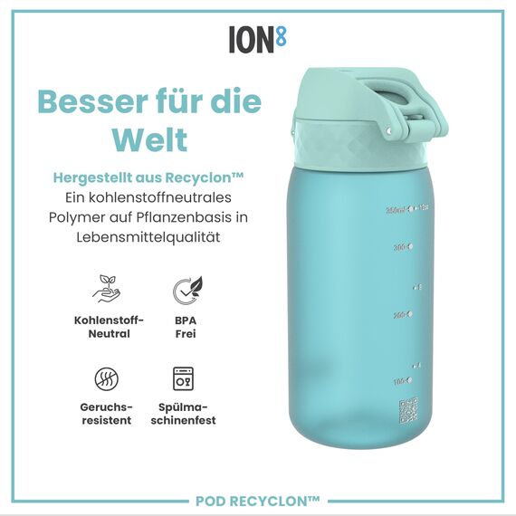 ion8 Kinder Trinkflasche, 350ml, Auslaufsicher, Einhandöffnung, Sichere Verriegelung, Spülmaschinenfest, BPA-frei, Tragegriff, Klappdeckel, Leicht zu Reinigen, Klimaneutral, Schallblau