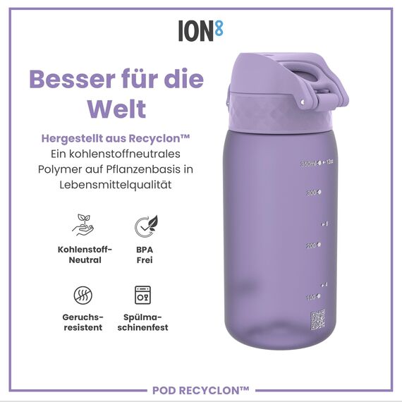 ion8 Kinder Trinkflasche, 350ml, Auslaufsicher, Einhandöffnung, Sichere Verriegelung, Spülmaschinenfest, BPA-frei, Tragegriff, Klappdeckel, Leicht zu Reinigen, Klimaneutral, Helles Lila