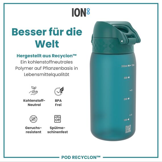 ION8 Kinder Trinkflasche, 350ml, Auslaufsicher, Einhandöffnung, Sichere Verriegelung, Spülmaschinenfest, BPA-frei, Tragegriff, Klappdeckel, Leicht zu Reinigen, Klimaneutral, Aqua