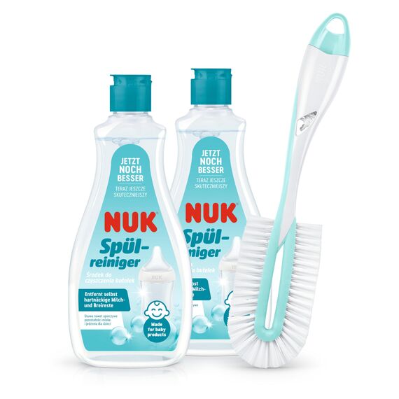 NUK Babyflaschenreiniger & Flaschenbürste | 2 x Flaschenreiniger, 1 x Bürste Twist für Flasche & Sauger | 500 ml | Ideal zur Reinigung von Babyflaschen, Saugern & Zubehör | Duftstofffreier Reiniger