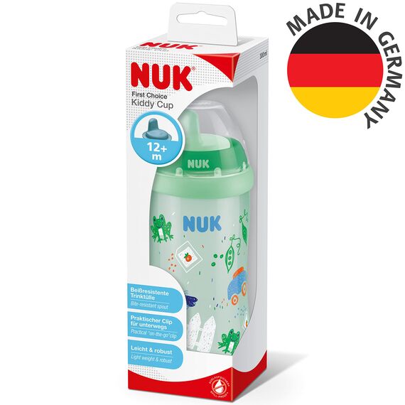 NUK First Choice Kiddy Cup Kunststoff Trinklernbecher | 12+ Monate | auslaufsichere | beißresistenter Trinkschnabel | Clip & Schutzkappe | 300 ml | BPA-frei | Grün