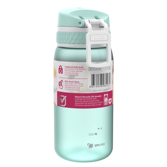 ion8 Kinder Trinkflasche, 350ml, Auslaufsicher, Einhandöffnung, Sichere Verriegelung, Spülmaschinenfest, BPA-frei, Tragegriff, Klappdeckel, Leicht zu Reinigen, Klimaneutral, Minz-Aqua