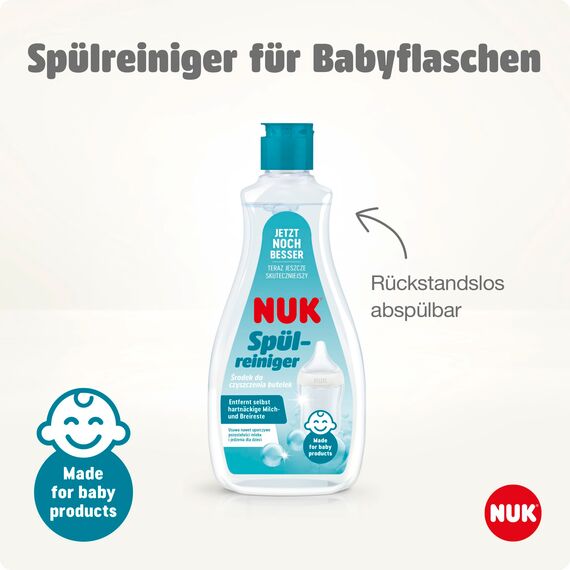 NUK Spülreiniger für Babyflaschen | 500 ml | Ideal zur Reinigung von Babyflaschen, Nuckeln und Zubehör | Duftstofffreier Reiniger | pH-neutral | 100% wiederverwertbare Flasche (Packung mit 2)