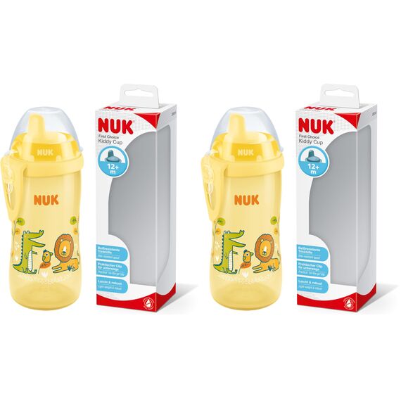 NUK Kiddy Cup Kleinkindbecher | 12+ Monate | 300 ml | Auslaufsicheres, verstärktes Trinkventil | Clip & Schutzkappe | BPA-frei | Gelb (Packung mit 2)