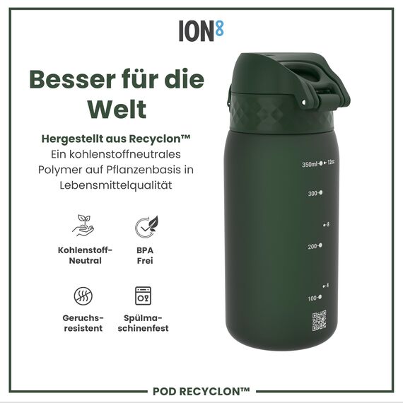 ion8 Kinder Trinkflasche, 350ml, Auslaufsicher, Einhandöffnung, Sichere Verriegelung, Spülmaschinenfest, BPA-frei, Tragegriff, Klappdeckel, Leicht zu Reinigen, Klimaneutral, Dunkelgrün
