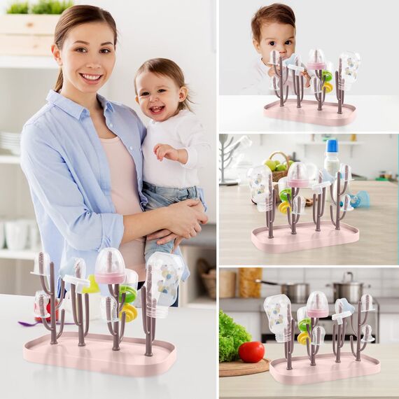 Vicloon Trockenständer Babyflaschen, Trockenständer für Babyflaschen mit Abtropfschale, BPA frei Babyflaschen Zubehör zum Trocknen von Babyflaschensaugern,Bechern und Zubehör(Rosa)