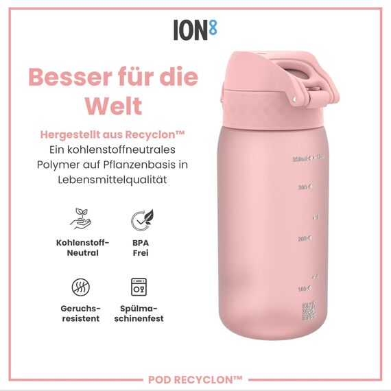 ion8 Kinder Trinkflasche, 350ml, Auslaufsicher, Einhandöffnung, Sichere Verriegelung, Spülmaschinenfest, BPA-frei, Tragegriff, Klappdeckel, Leicht zu Reinigen, Klimaneutral, Rose
