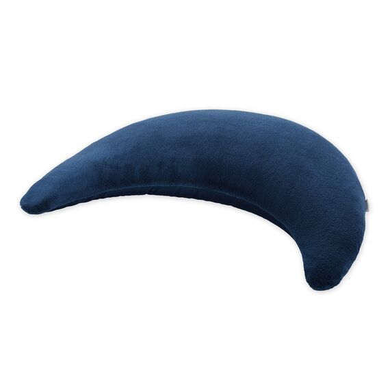 Theraline Plüschmond Stillkissen, Kopfkissen und Nackenkissen mit Perlen, ergonomisches Kissen zum Stillen, Schlafen und Lesen, Stillmond mit Plüsch, Mondkissen waschbar bis 40°C (Dunkelblau)