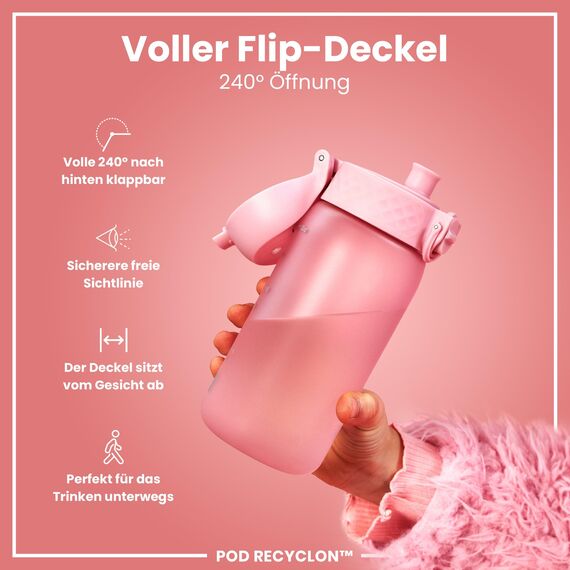ion8 Kinder Trinkflasche, 350ml, Auslaufsicher, Einhandöffnung, Sichere Verriegelung, Spülmaschinenfest, BPA-frei, Tragegriff, Klappdeckel, Leicht zu Reinigen, Klimaneutral, Rose